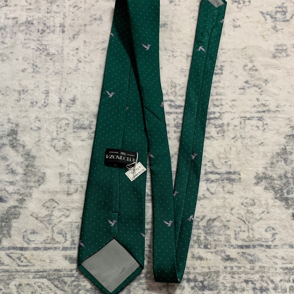 Vintage Green Polka Dot Ducks Print Japan Tie